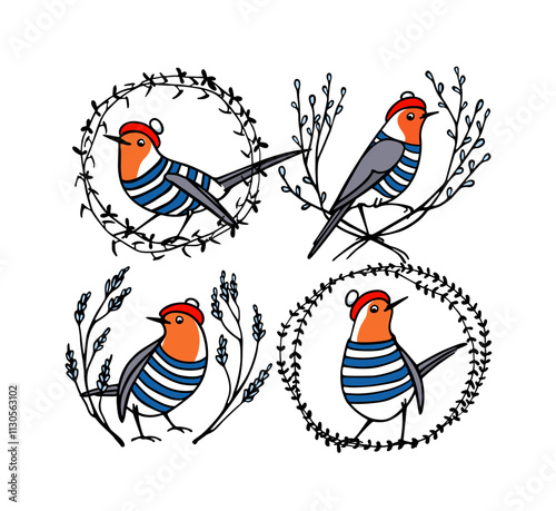 Vector graphic set of hand drawn cute robins in traditional parisian outfits in floral wreath. Ink drawing, beautiful animal design elements.