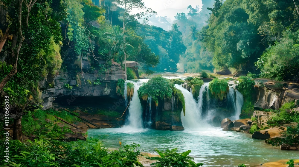 Fototapeta premium Lush Waterfall Cascading Through a Dense Tropical Rainforest