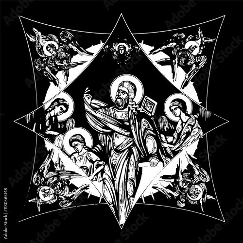 Isaiah prophet on cross dome with 4 apostles, angels and seraphim. Ink illustration black and white in Byzantine style isolated