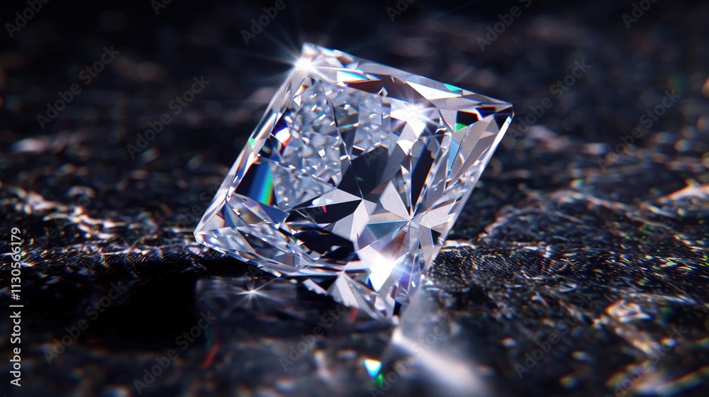 A single radiant-cut diamond placed on a solid black background, emphasizing its brilliance.