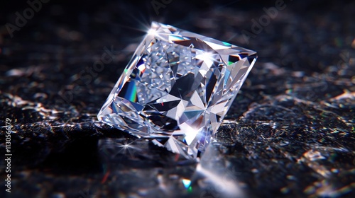 Obraz na płótnie A single radiant-cut diamond placed on a solid black background, emphasizing its brilliance. w salonie