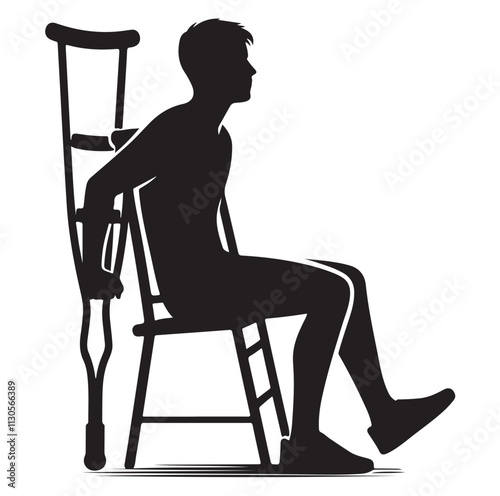 Patient with crutch Silhouette vector illustration