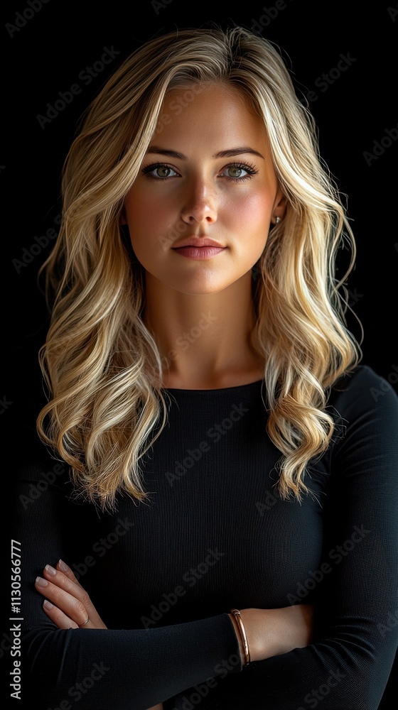 Naklejka premium A woman with blonde hair and a black shirt is standing with her arms crossed