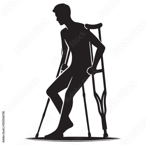 Patient with crutch Silhouette vector illustration