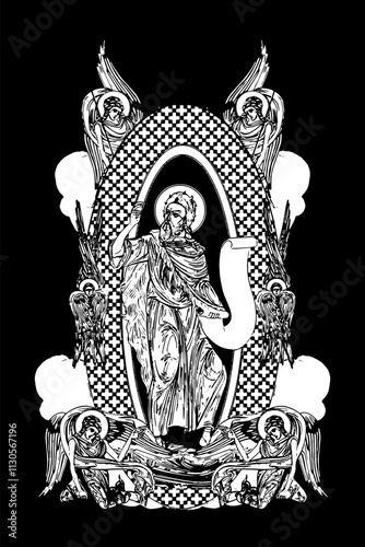 Prophet Saint Elijah. Illustration with angels and seraphim in heaven black and white in Byzantine style