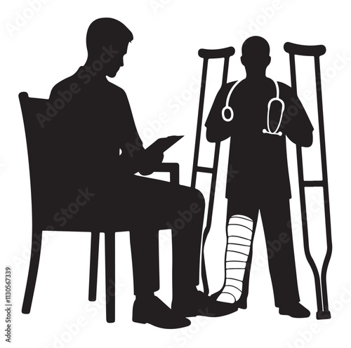 Patient with crutch Silhouette vector illustration