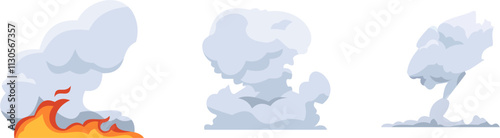 smoke clouds. Comic smoke flows, dust, smog and smoke steaming cloud silhouettes isolated vector illustration set. Wind silhouette steaming, smoke explosion, comic cloud collectio