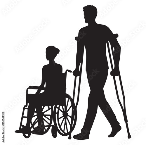 Patient with crutch Silhouette vector illustration
