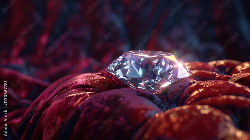 A single sparkling diamond resting on a velvet cushion against a dark background.