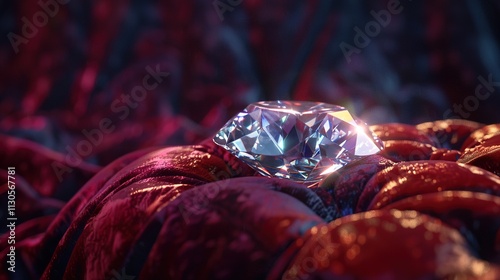 Obraz na płótnie A single sparkling diamond resting on a velvet cushion against a dark background. w salonie