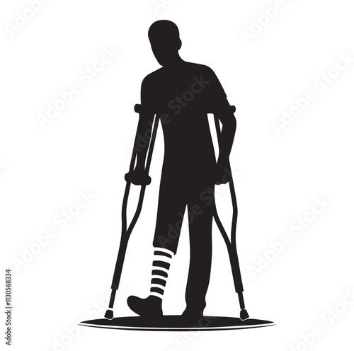 Patient with crutch Silhouette vector illustration