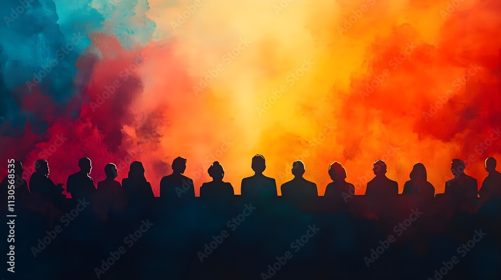 Fototapeta premium Silhouette of a Diverse Group of People Against a Vibrant Colorful Background Representing Collaboration, Unity, and Community Connection in a Creative Setting