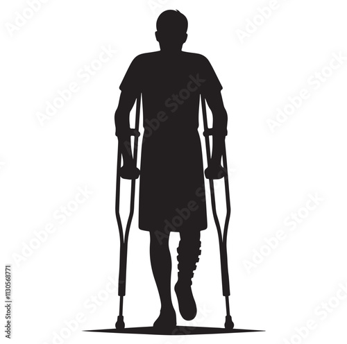 Patient with crutch Silhouette vector illustration