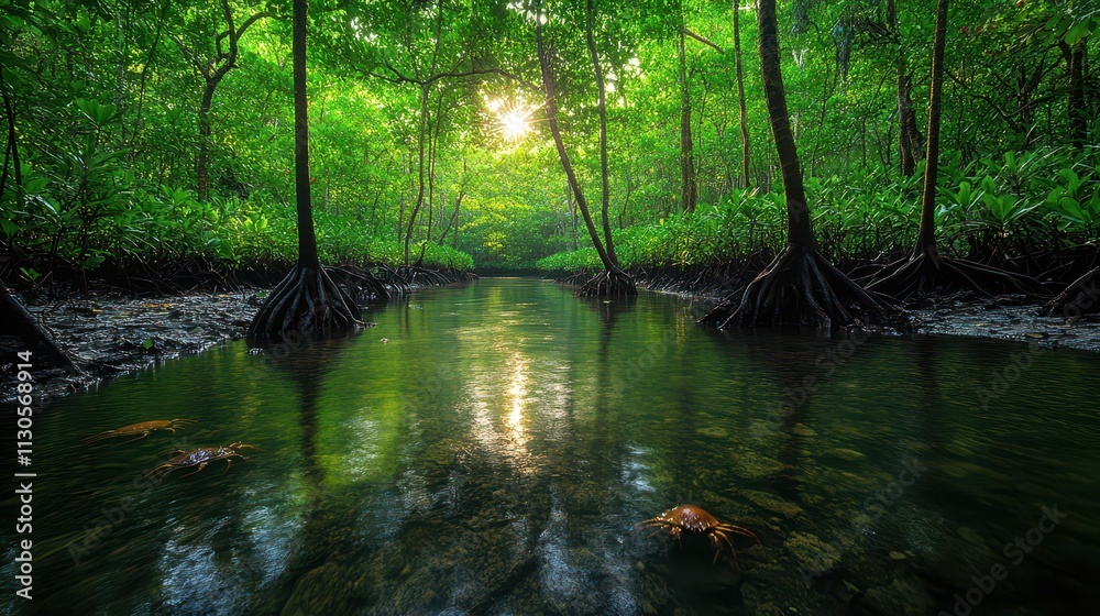 Obraz premium Serene Mangrove Forest with Sunlight Reflection