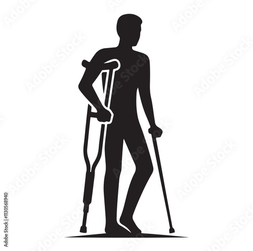 Patient with crutch Silhouette vector illustration