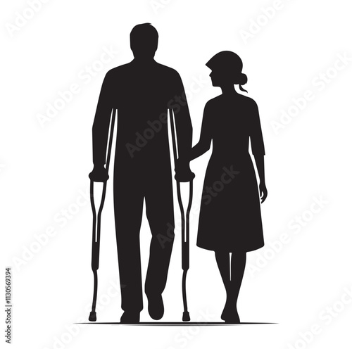Patient with crutch Silhouette vector illustration