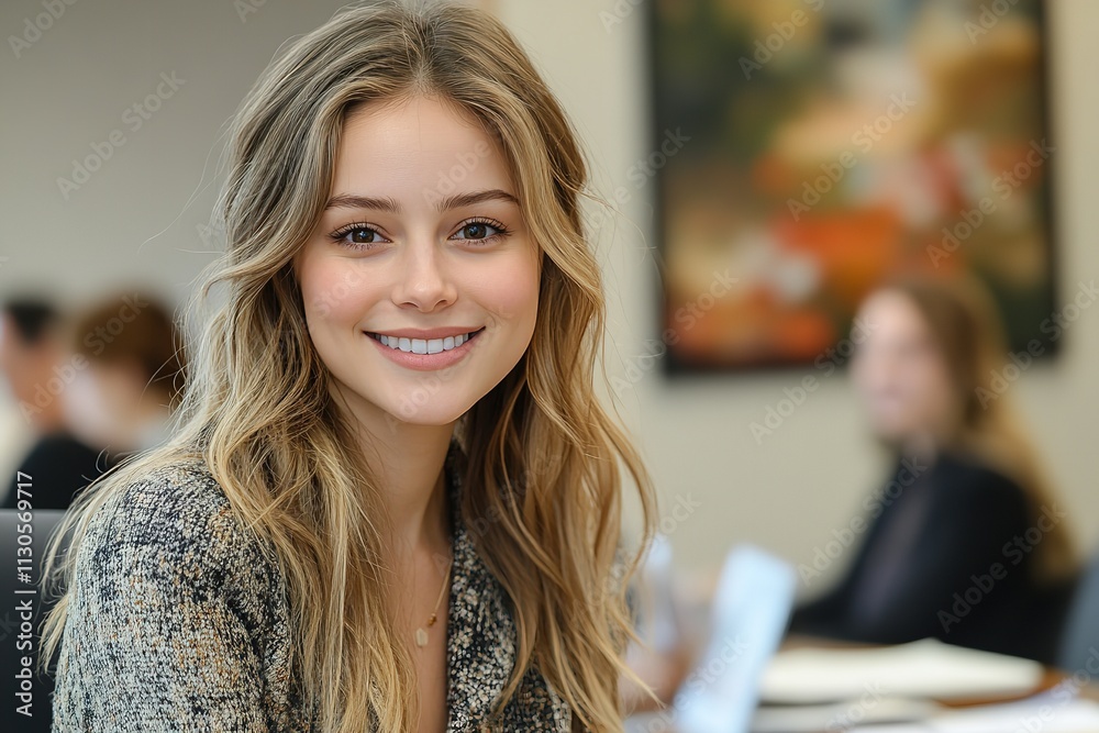 Fototapeta premium A confident, smiling young female professional in banking, insurance, law, or finance advising a couple during a corporate office meeting.