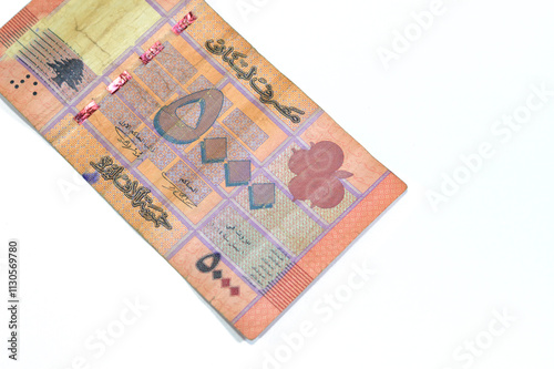 five thousand Lebanese Livres issued by Bank of Lebanon 2014, features a butterfly and Cedrus Libani Lebanese Cedar, the national emblem of Lebanon, selective focus photo