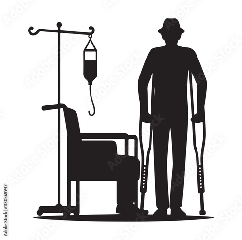Patient with crutch Silhouette vector illustration
