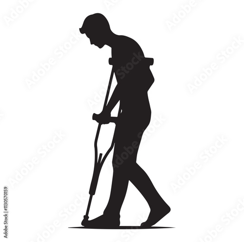 Patient with crutch Silhouette vector illustration