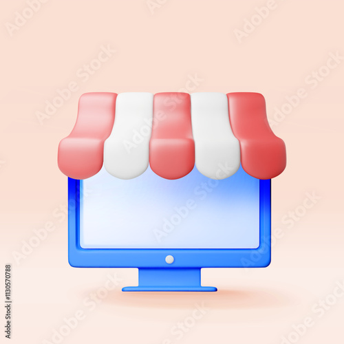 3D striped awning and computer. Render red and white sunshade for online store. Outdoor shelter for internet shop or market. Tent for cafe or restaurant. Facade building curtain. Vector illustration