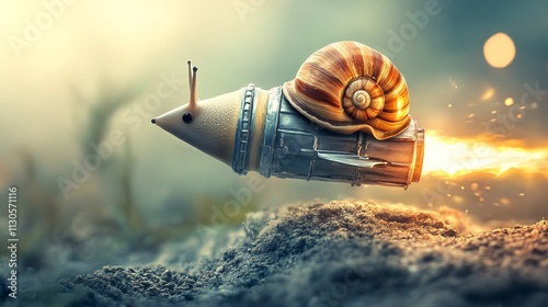 A surreal depiction of a snail atop a rocket, merging themes of swiftness and slowness to represent the balance of patience and momentum. photo