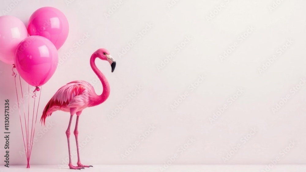 Fototapeta premium pink flamingo with balloons on white background, birthday greeting concept