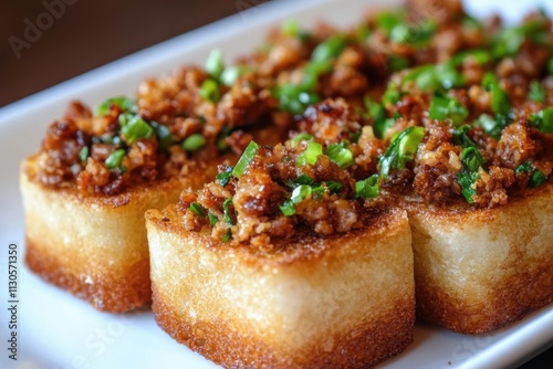 A mouthwatering close up photo of a plate featuring pork toasts photo