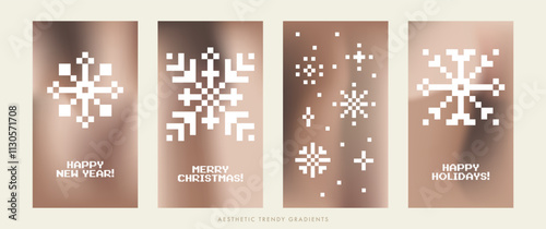 Aesthetic dark brown gradient background with falling snow. Winter season mocha colored vertical vector banner set. Y2k blurry bg. Christmas simple soft elegant backdrop for poster, social media post