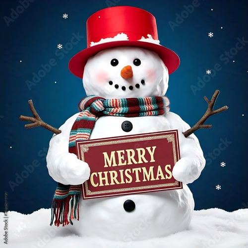 Snowman and hat holding Merry Christmas card
