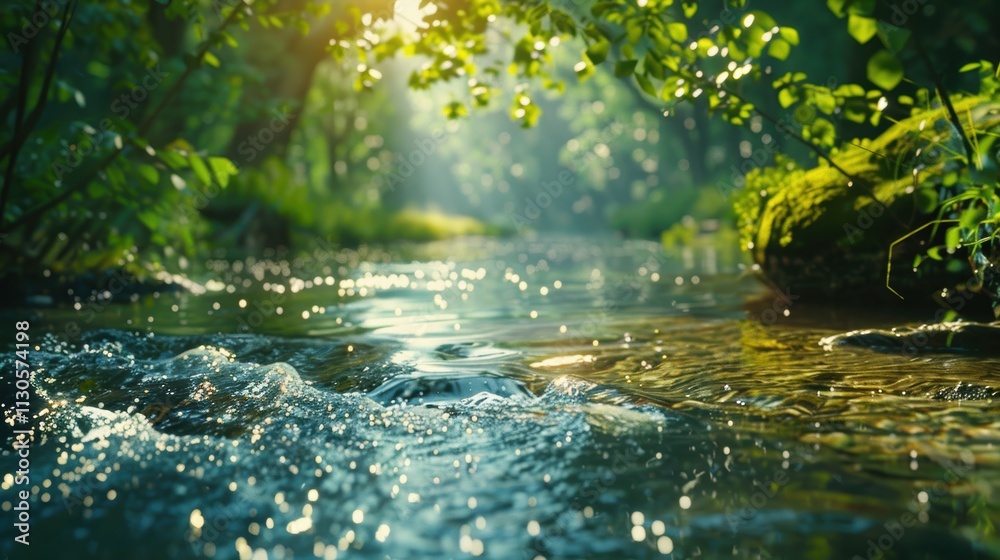 Fototapeta premium Tranquil Forest River with Sparkling Sunlit Water Nature's Purity and Clarity Theme