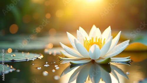 Water lily, lotus flower, serene pond, golden sunlight, bokeh, water droplets, reflective surface, tranquil nature