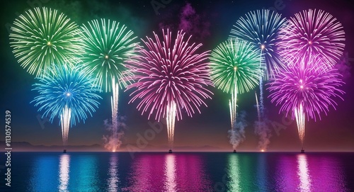 Crafting a multihued fireworks sequence with aqua blue green pink and purple for a magical atmosphere photo