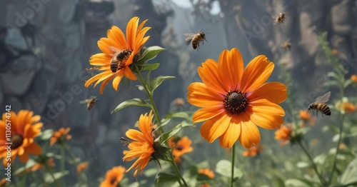 bees flit from one vibrant orange bloom to another, colorful flowers, orange flowers, bee behavior