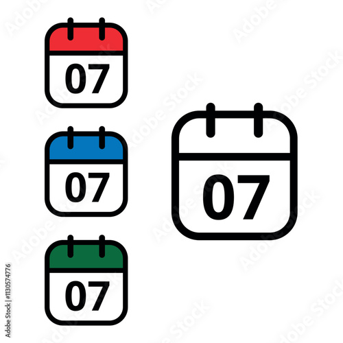 Collection of calendar icons with a specific day marked, one with an open outline and three colored, calendar icons with day 07.