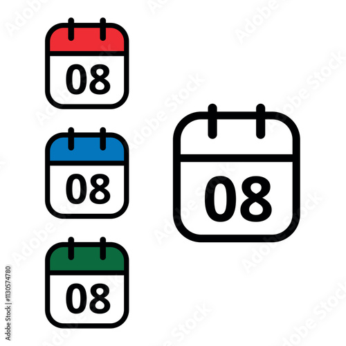 Collection of calendar icons with a specific day marked, one with an open outline and three colored, calendar icons with day 08.