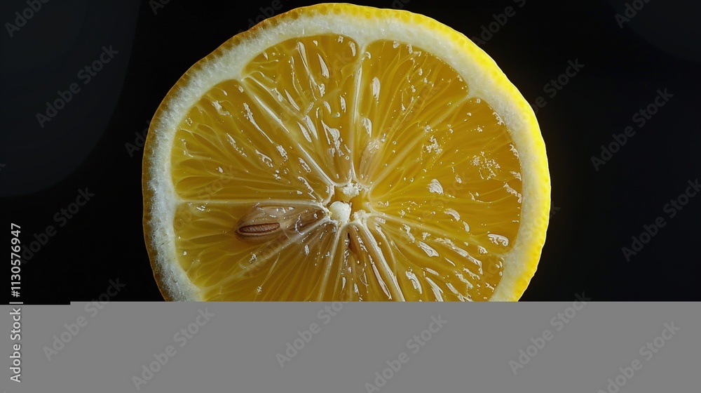 A sliced lemon showing its juicy interior on a solid black background.