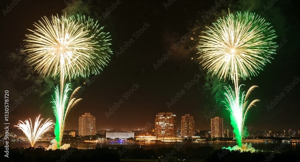 Obraz premium Launching green and gold fireworks to celebrate growth prosperity and new opportunities