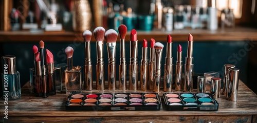 A minimalist beauty setup with metallic brushes, bold lipsticks, and glittery eyeshadow palettes, arranged on a distressed wood vanity. photo