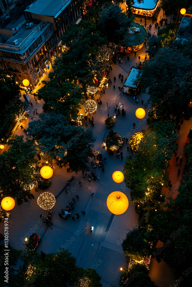 Obraz premium Aerial view of a bustling city square at night, with festive lights and vibrant decorations creating a magical and warm atmosphere at a christmas market