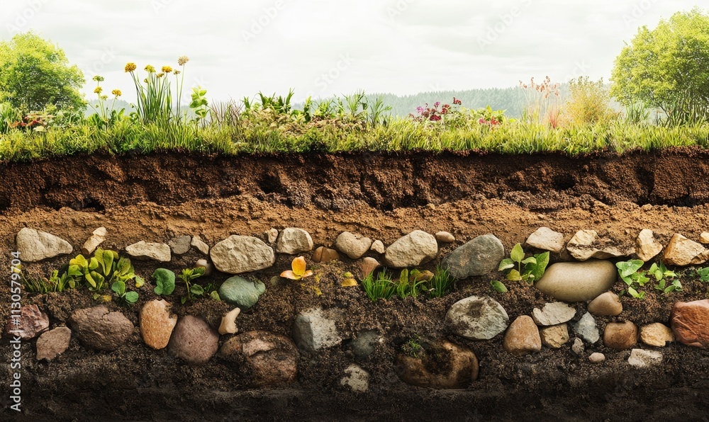 Fototapeta premium Cross-section soil layers, plants, rocks.