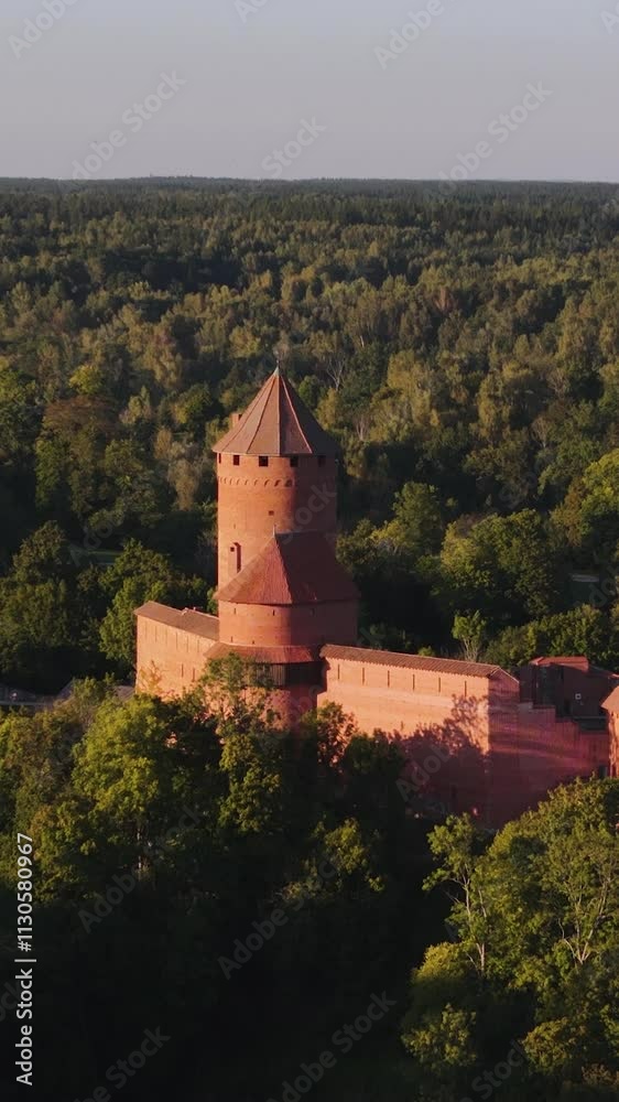 Aerial View Of Turaidas Pils In Sigulda Latvia. Vertical Drone Shot Tilting Down Towards The Highest Point Of The Castle Tower.