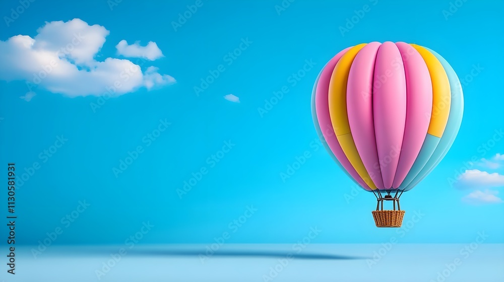 Fototapeta premium Colorful hot air balloon soaring in a clear blue sky with fluffy white clouds, symbolizing freedom, adventure, and travel dreams while casting a soft shadow on the ground below.