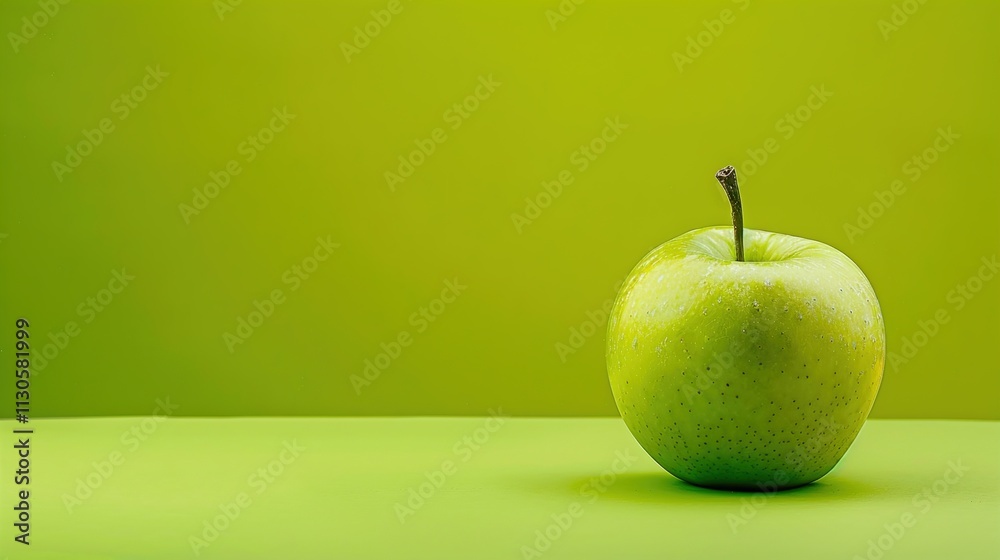 A solitary green apple on a solid lime green background.