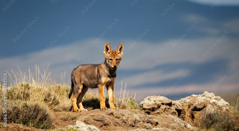 Fototapeta premium Ethiopian highlands scenery featuring young african ethiopian wolf in natural habitat