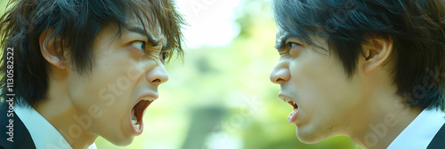 Men's Intense Argument, Close-up of Two Young Men Angrily Confronting Each Other Outdoors