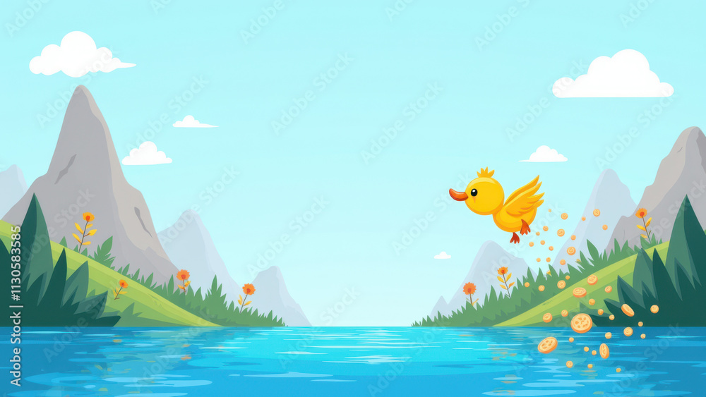 Obraz premium DuckDB logo with a flying duck over a mountainous river.