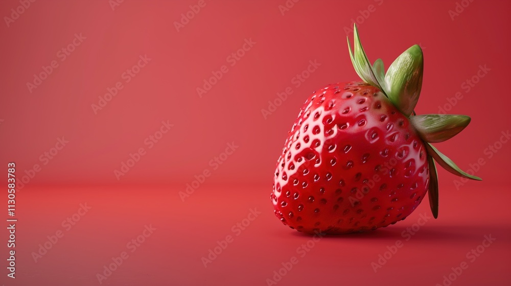 A solitary, ripe strawberry on a solid red background.