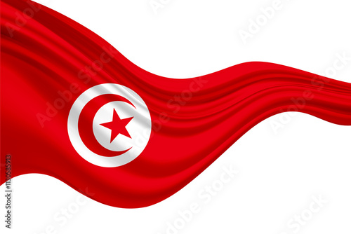 Waving flag of Tunisia in white background. Tunisia flag for independence day. The symbol of the state on wavy fabric. Waving Flag of Tunisia in White Background. Tunisia Flag on pole for Independenc
 photo