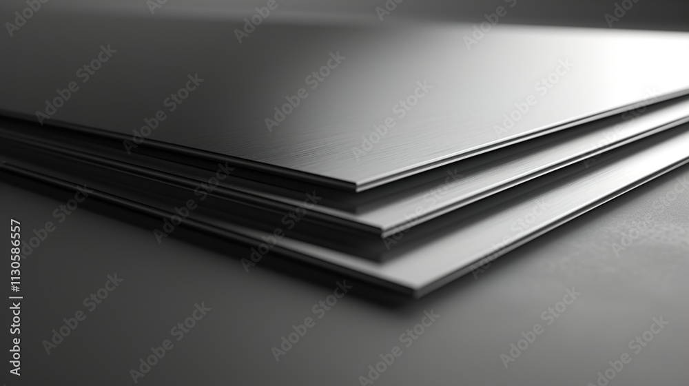 A stack of steel plates with smooth surfaces on a solid gray background.